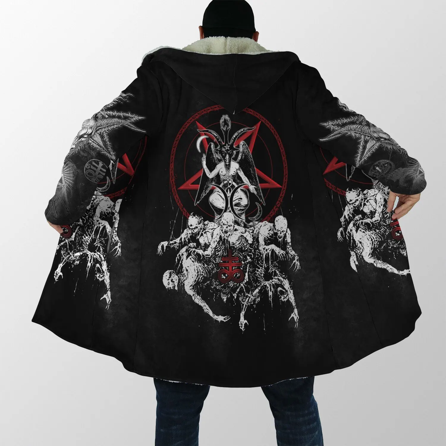 

Winter Mens Hooded Cloak Satanic Devil Tattoo Skull 3D Printing Fleece Wind Breaker Unisex Casual Thick Warm Hood Cloak CH36