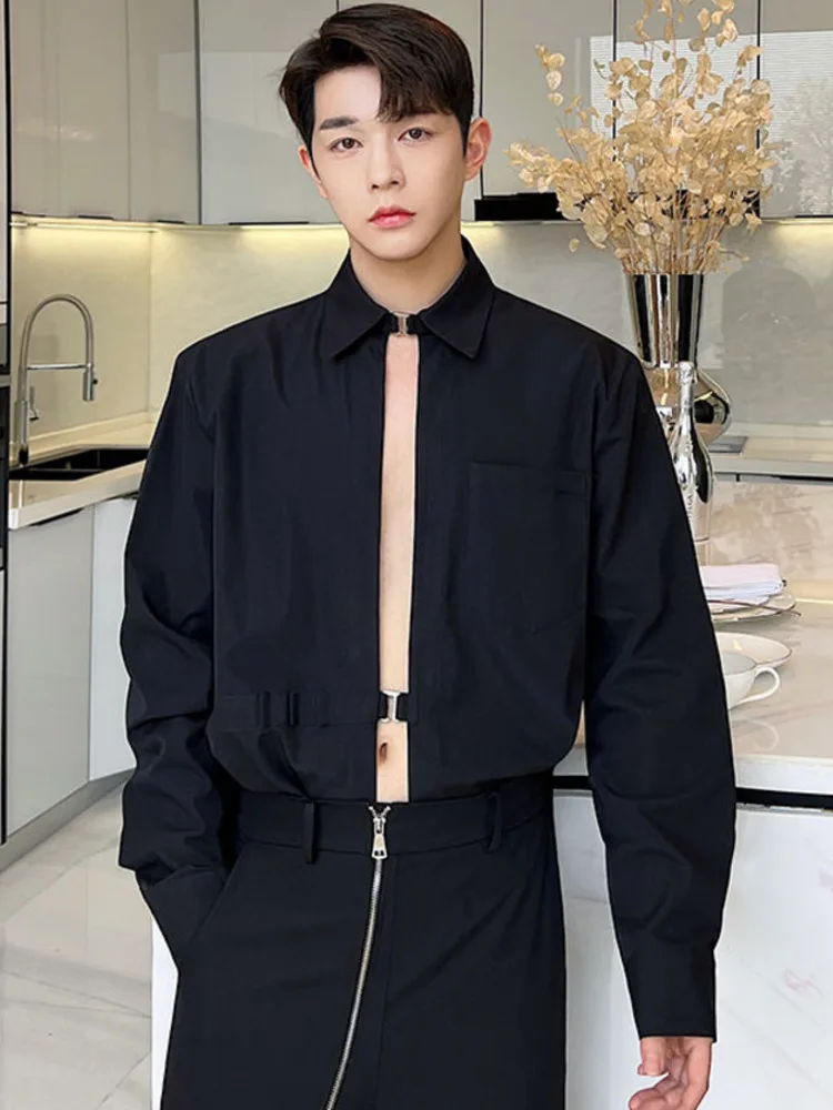 SYUHGFA 2022 Spring Turn Down Collar Long Sleeve Shirt For Men Adjustable Metal Button Loose Casual Tops Clothing |