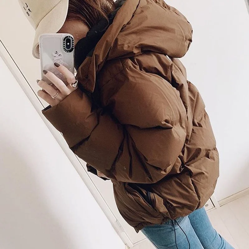 Cotton Padded Jacket Top To Keep Warm Winter Women's Thick Coat Women's Casual Solid Color Hooded Zipper Brown Puffer Jacket