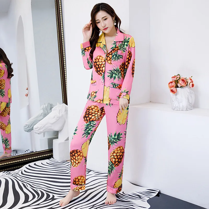 Silk Women's Pajama Set Summer Spring Autumn Long Sleeve Ladies 2 Pcs Pijama Suit with Pant Pineapple Print Sleepwear for Female