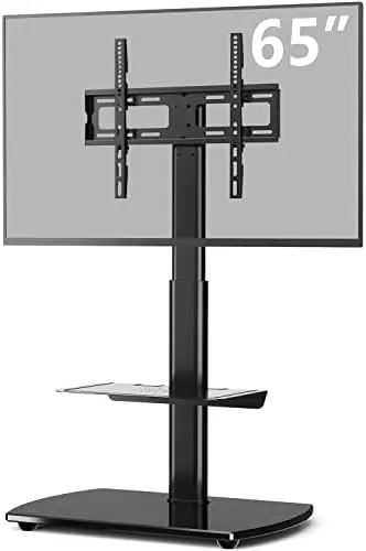 

Floor Stand with 2 Media Shelves for 27 32 37 42 47 50 55 65 70 inch Flat or Curved Screens TVs Nice Tempered Glass Base with Sw