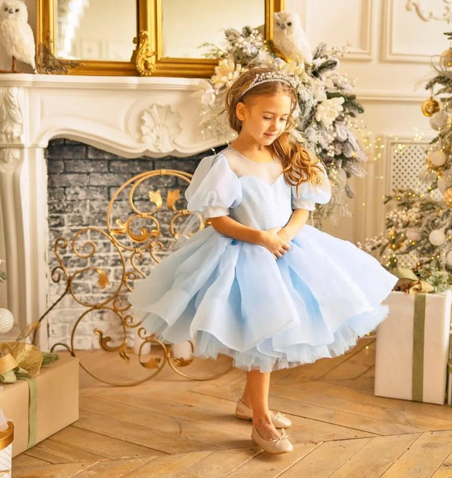 

Новинка, платье небесно-голубого цвета для девочек на день рождения с коротким рукавом, платье с цветочным рисунком для свадебной принцессы