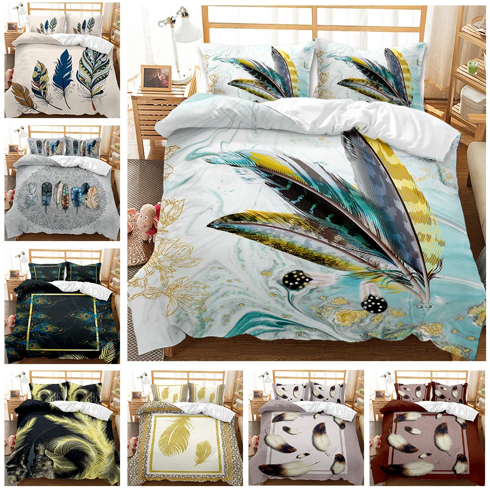 

Feather Duvet Cover Set Green Dreamy Pattern with Watercolor Elements Plumage Romantic Design Double Queen King Size Qulit Cover