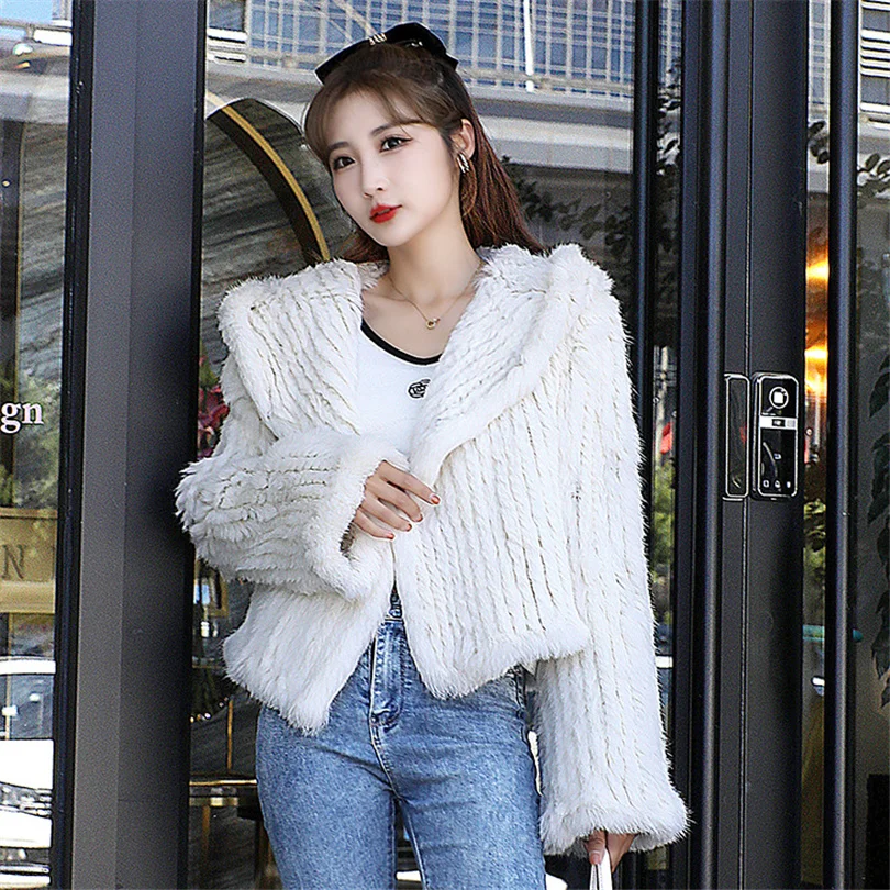 Rex Autumn Real Winter New Rabbit Fur Coats For Women Fashion Hooded Double-Sided Woven Fur Jacket Female Warm Fur Coat Y3104