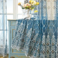 blue beige luxury embroidery tulle curtain for living room elegant lace window sheer drapes for bedroom kitchen custom made 40