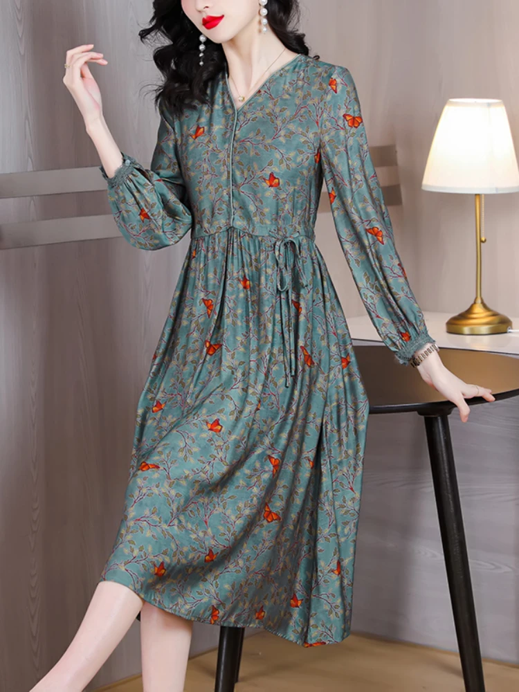 

Женское платье с длинным рукавом и V-образным вырезом, свободное облегающее платье до колена с французским цветочным принтом, весна-лето 2023