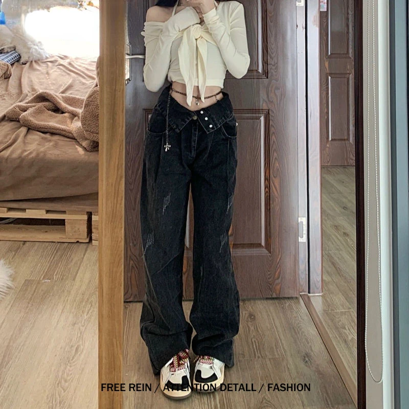 

Streetwear High Waist Women's Washed Jeans Woman Girls Women Wide Leg Pants Trousers Female Femme Denim Baggy Mom Jean L354