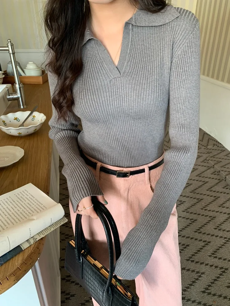 Вязаный свитер с воротником Pphomepolo осенний корейский облегающий v-образным