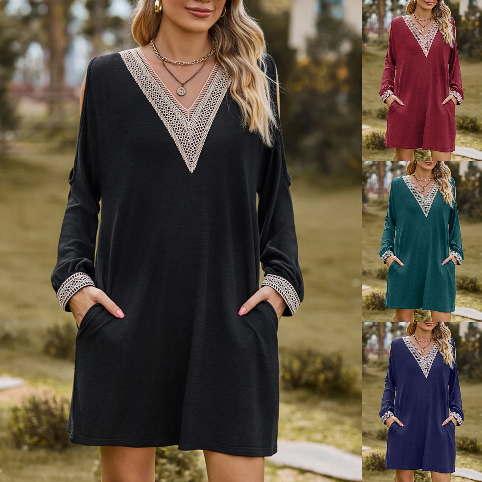 

Элегантное женское платье, кружевное летнее повседневное однотонное платье с открытыми плечами, V-образным вырезом и коротким рукавом для отдыха на природе