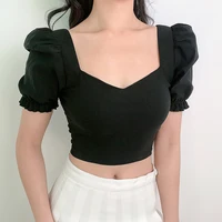 2021 woman sexy crop top black palace style square neck t shirts women white summer casual tops vintage streetwear off shoudler
