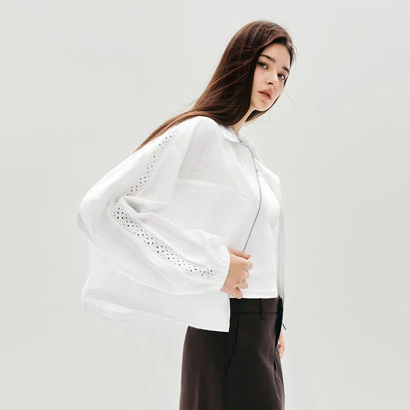 Фото Женская осенняя куртка Semir, короткая длина, кружевная свободная куртка с рукавами «летучая мышь», хлопково-льняная куртка с воротником-стойкой, новинка 2025 года, милая верхняя куртка №5
