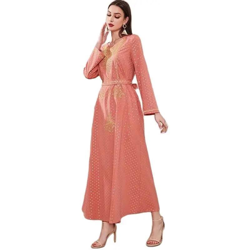 2022 New Arabian Robe Long Sleeves Orange Dot Foil Print Embroidery Lace Up Maxi Dress Middle East Satin Kaftan Jellaba Moroccan