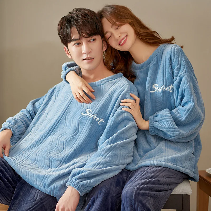 Flannel Pajamas Set for Couple Women Winter Thickening Men and Women's Pajamas Pullover Coral Fleece Long-sleeved Home Service