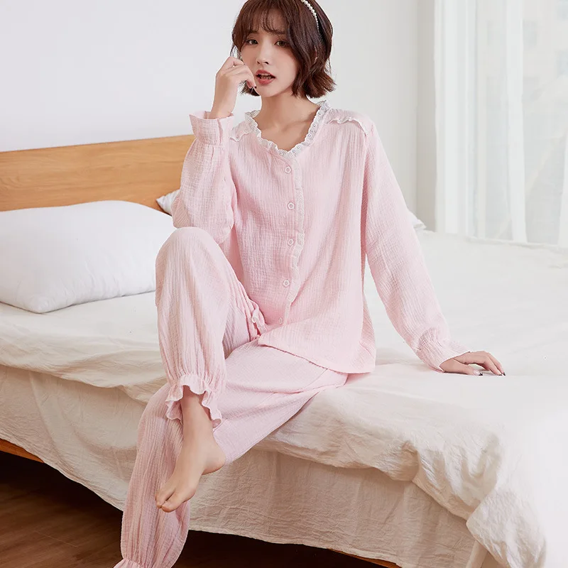 

Новинка, кружевная пижама из крепа, свободная и удобная Пижама, Женский хлопковый комплект с V-образным вырезом, дышащая Домашняя одежда с длинным рукавом