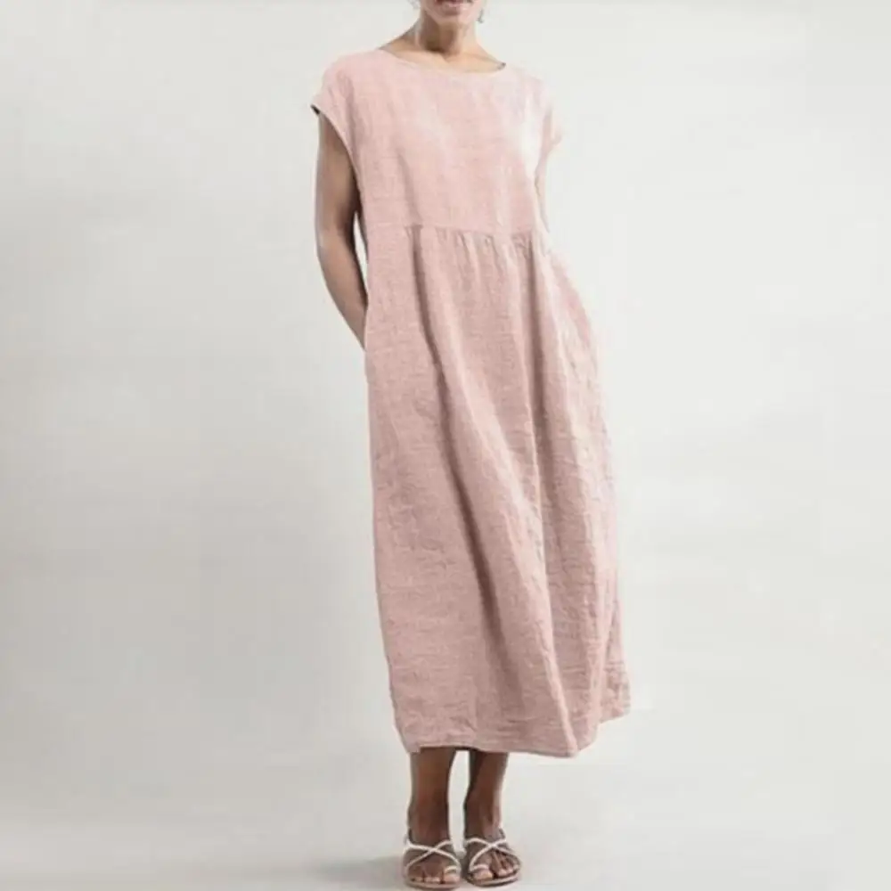 Casual Women Summer Solid Color Short Sleeve Baggy Beach Shift Kaftan Midi Dress 2020 new