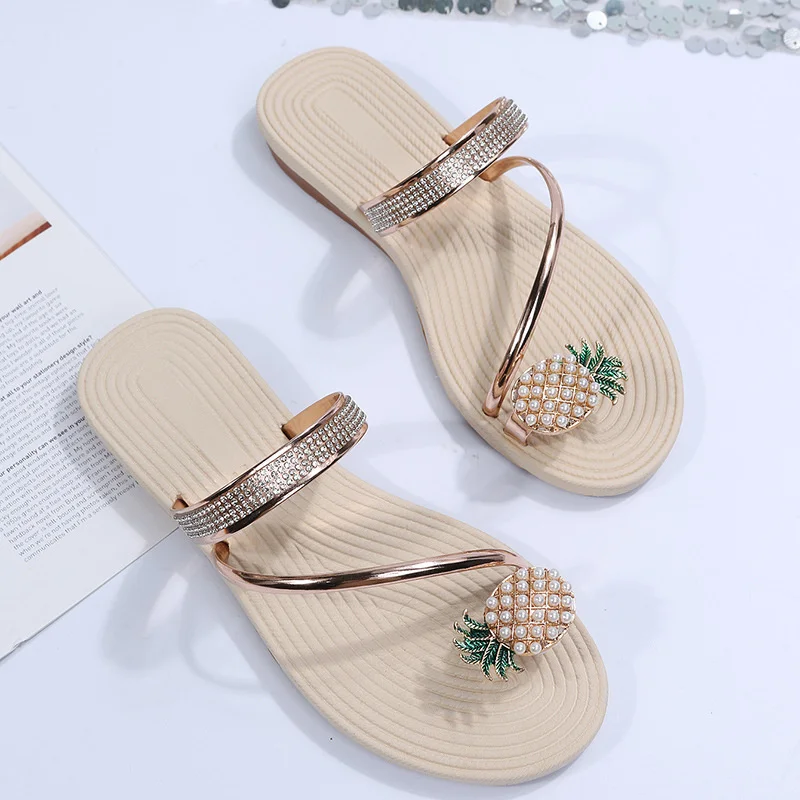 Pineapple Decor Female Beach Slides Summer Bohemian Women Casual Clip Toe Slippers Rhinestone Sandalias Mujer Verano 2022