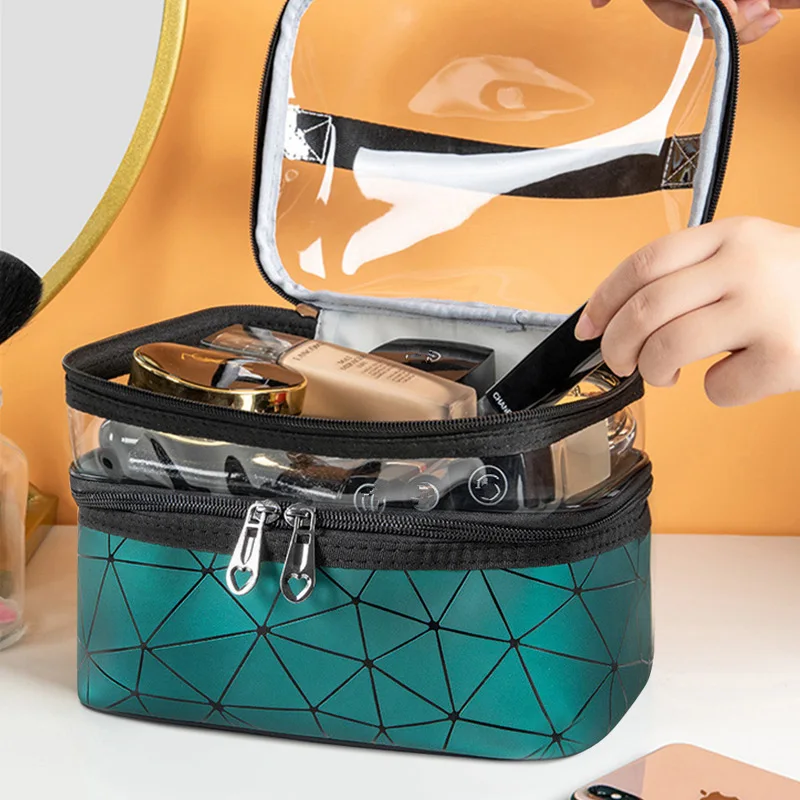 

Double Travel Cosmetic Bag Women Fashion Diamond Clear Makeup Bag Waterproof Zipper Make Up Organizer Case Toiletry Kit Bag