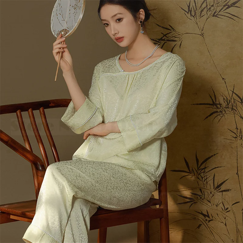 Пижамный комплект Женский в китайском стиле жаккардовые атласные брюки