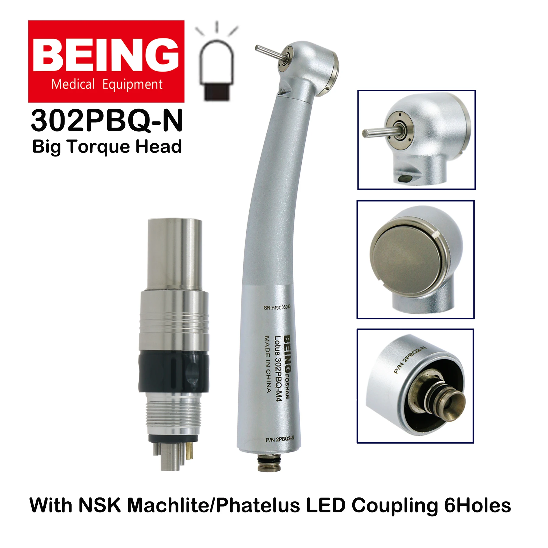 

BEING Dental LED Fiber Optic Air Turbine High Speed Big Torque Head Handpiece 302PBQ-N With NSK Phatelus Machlite Coupling 6Hole