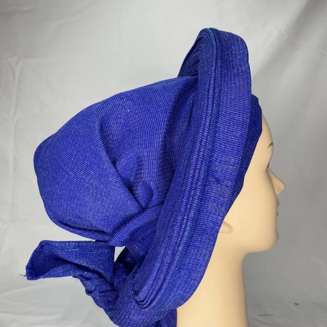 

Fashion royal Blue Nigerian Turban Gele Headtie Aso Oke Gele Already Made Auto Gele Headtie African Turban Cap