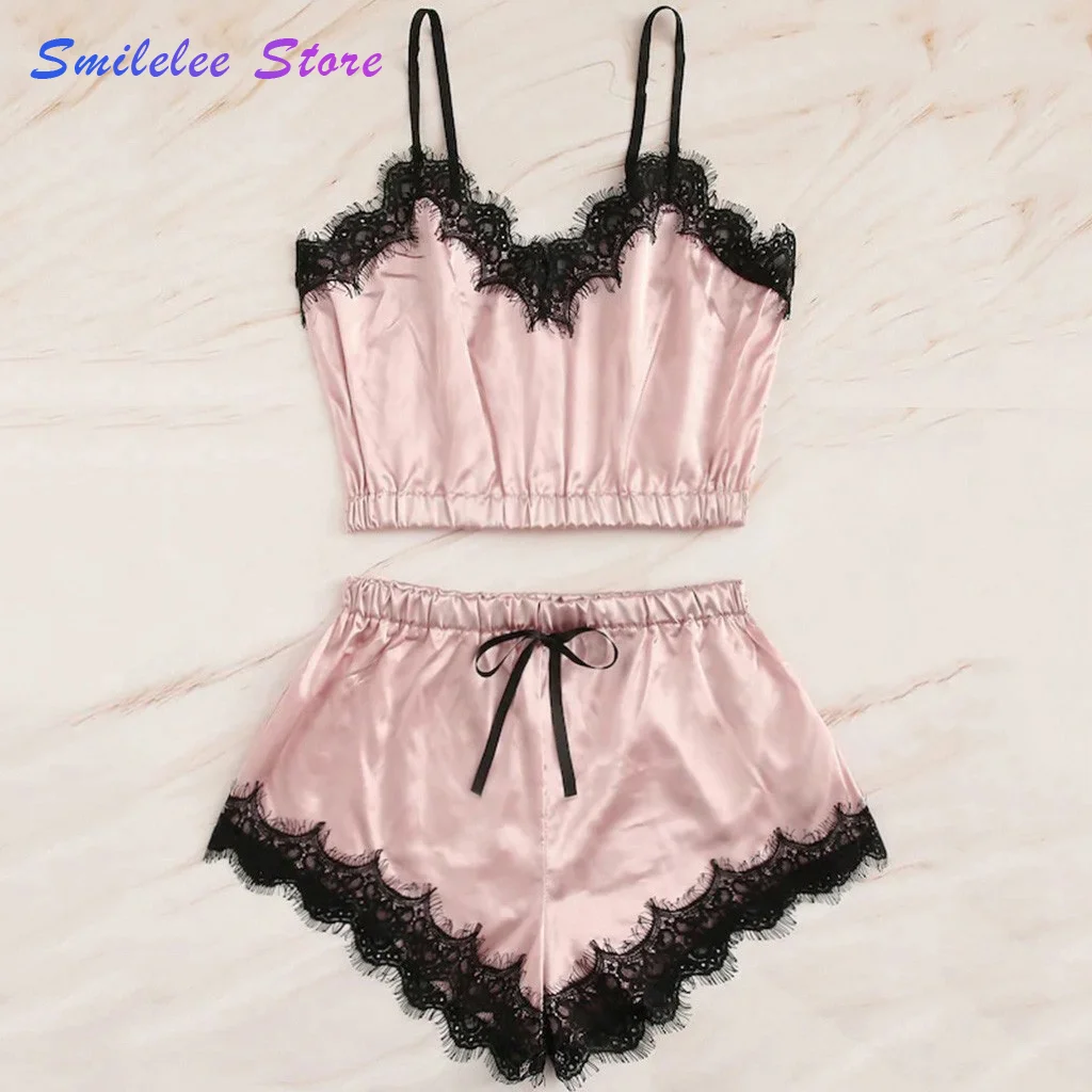 

Sexy Lingerie Porno Babydoll Erotic Sleepwear Set Sleeveless Strap Nightwear Lace Trim Satin Cami Top Pajama Sets Nightdress