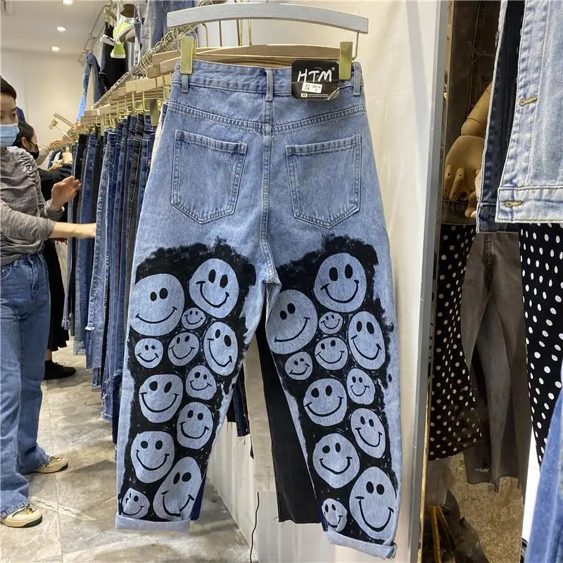 

Women Fashion High Elastic Waist Print Jeans Female Loose Baggy Denim Wide-leg Pants Ladies Vintage Cowboy Trousers Oversize G20