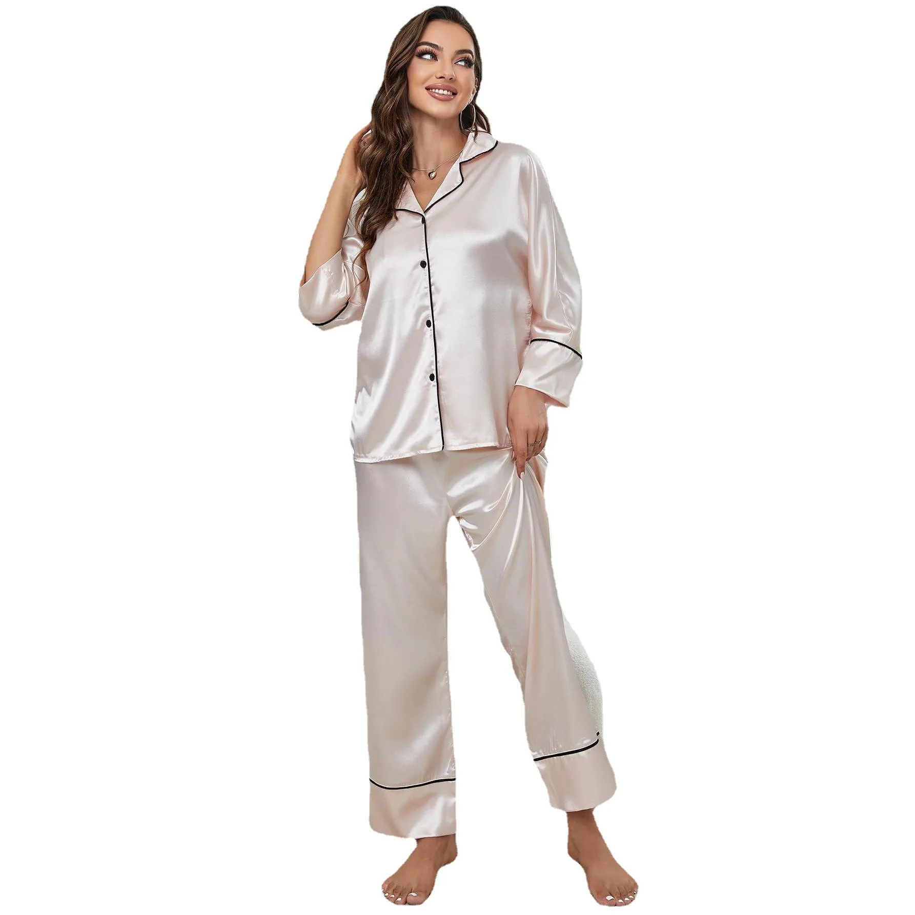 Champagne Color Luxury Silk Pajamas For Women Satin Sleepwear Spring Autumn Long Sleeve Nightwear Sleeping Clothing Home Wear