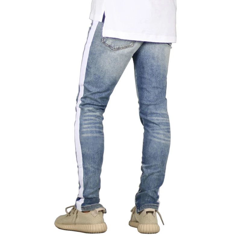 22ss Fashion Streetwear Jeans for Men White Striped Mid Waist Jeans Big Ripped Stretch Slim Jeans Men Right Angle Pencil Pants