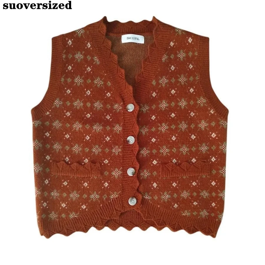 

Spring Floral Print Vintage V Neck Sweater Vest Women Loose Gilet Coat Knitted Waistcoat Sleeveless Jacket Korean Cardigan Top