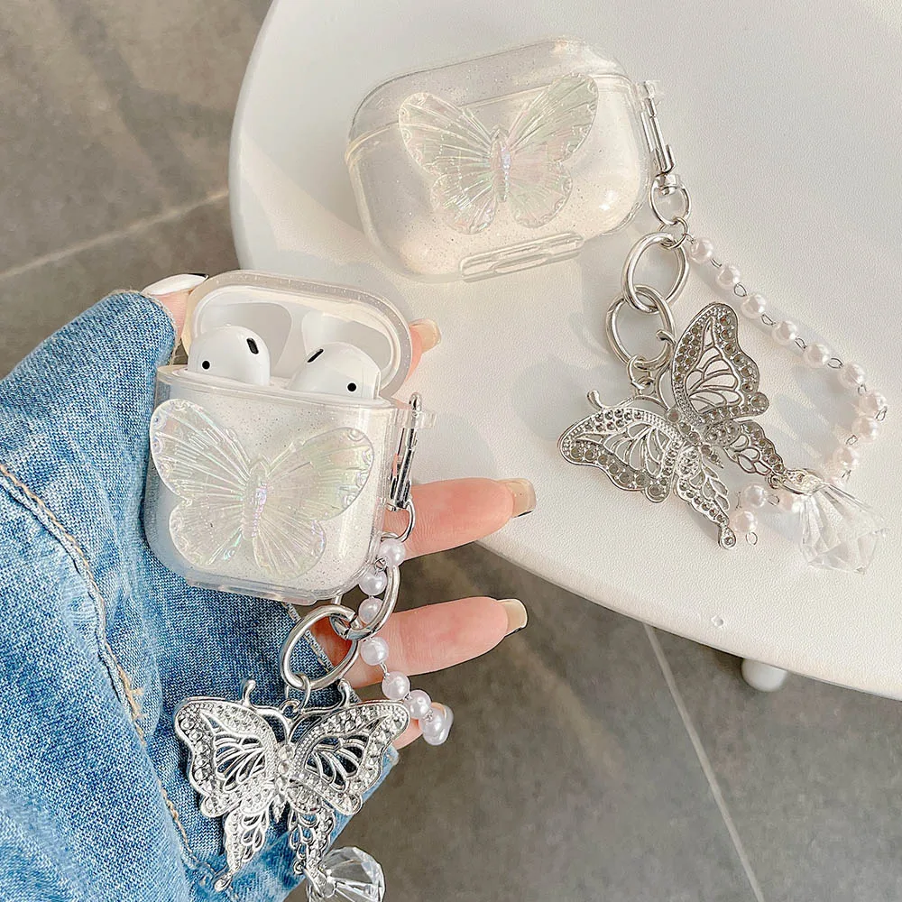 

Cute 3D Butterfly Funda for Airpods Pro Case Soft Clear Earphone Accessorie Cover for Air Pods 1 2 3 Case Pendant Pearl Chain