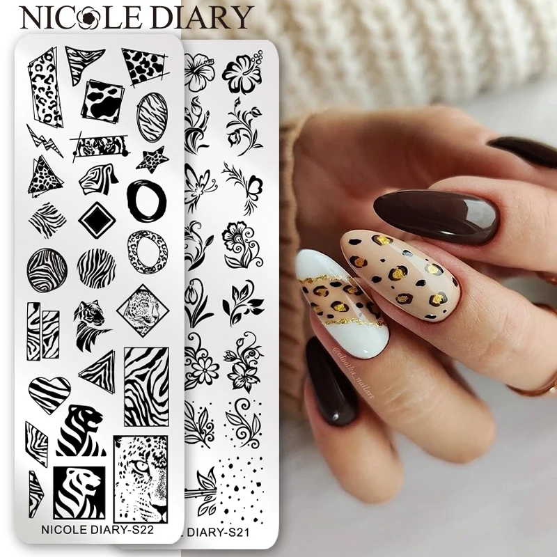 

NICOLE DIARY Nail Stamping Plates Leopard Zebra Print Image Stainless Steel Heart Line Flower Stencils For Nail Polish Templates