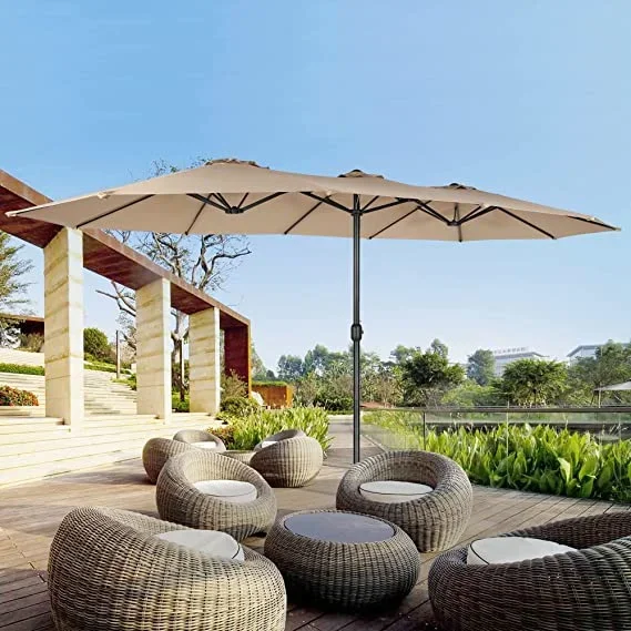 

15 FT Outdoor Umbrella Double-Sided Patio Market Umbrella with Base, Crank, 100% Polyester Canopy