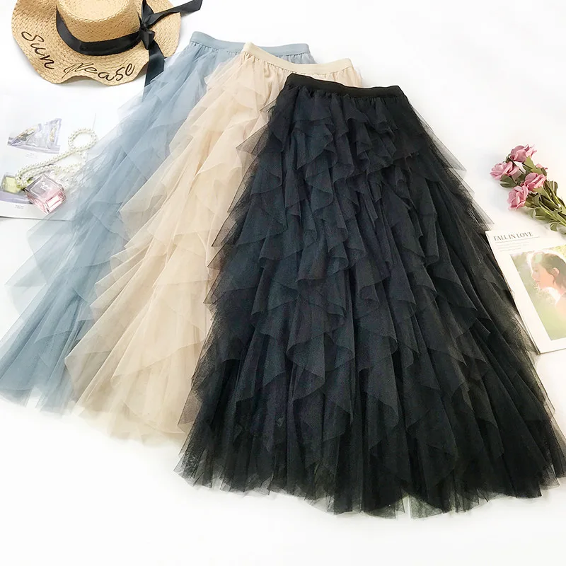 

Fashion Tulle Skirt Women Long Maxi Skirt 2019 Spring Summer Korean Black Pink High Waist Pleated Skirt Female