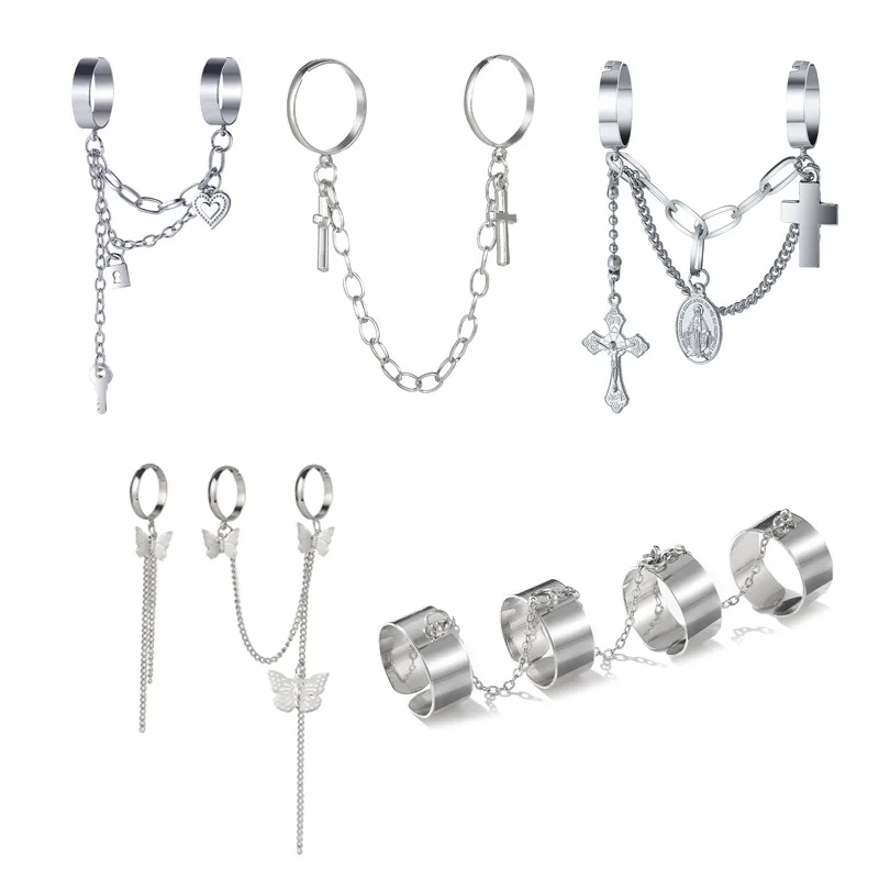 

Fashion Butterfly Heart Cross Chain Set Of Rings For Man Woman Girls Vintage Gothic Adjustable Engagement Ring Jewelry Trend