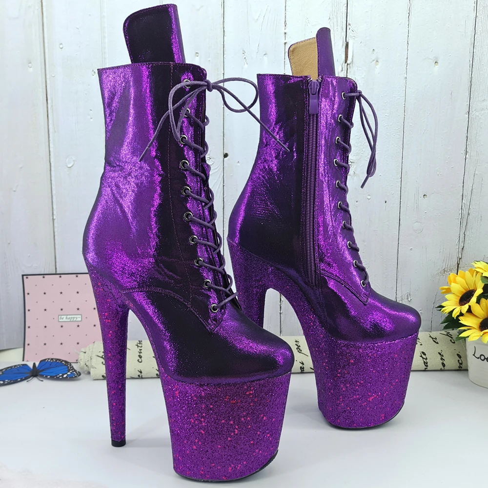 Leecabe 20CM/8inches Pole dancing shoes purple glitter High Heel platform Boots Closed toe Pole Dance boots