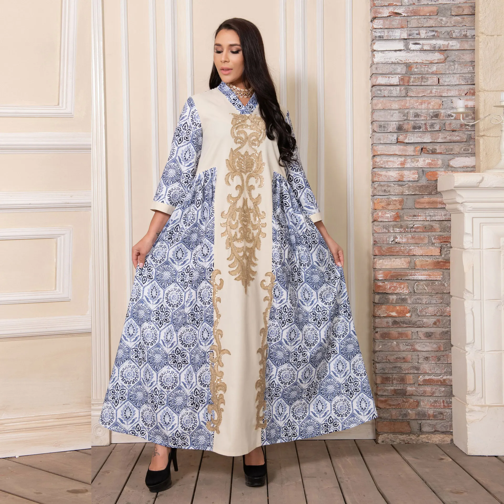 

SuperAen 2022 Autumn Winter Muslim National Fashion Beaded Embroidered STAND Printing A-LINE Casual Woman Dress