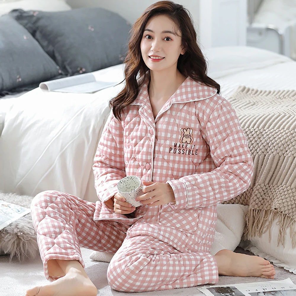 3-Layers Thicken Cotton Pajamas for Women Warm Winter Elegant Plaid Women's Pajama Sets Female Casual Elastic Waist Sleepwear