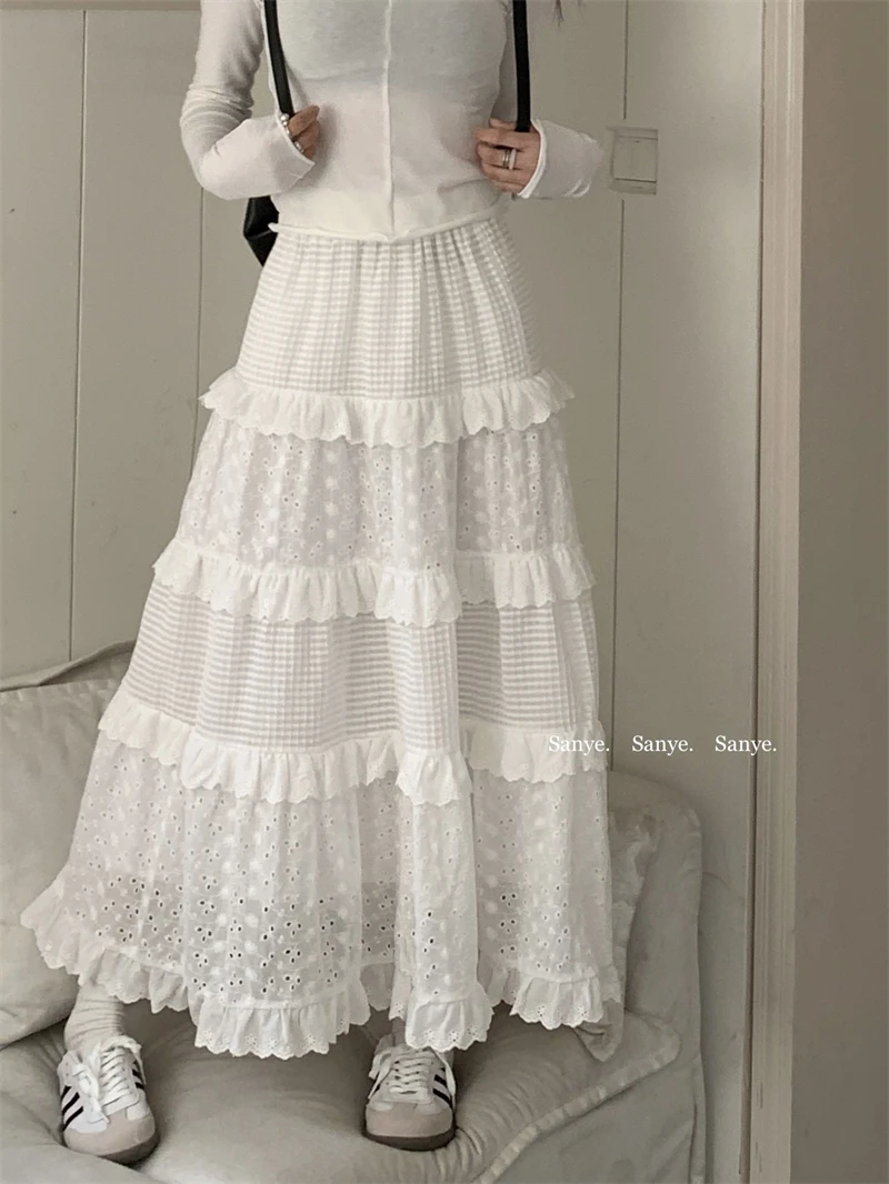 

Edible Tree Fungus Ruffle Lace Maxi Skirt Elastic Waist Midi Long White Skirts women y2k cloth korean fashion mori kawaii lolita