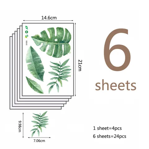 6 шт., Настенные зеленые тропические листья из ПВХ в пасторальном стиле