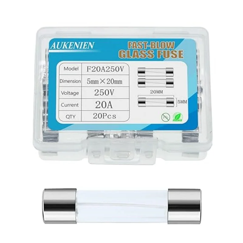 

AUKENIEN 20 шт., 20 А, 20 А, 250 В, предохранитель F20AL250V, стеклянные предохранители 5x20 мм, 0,2x0,78 дюйма, быстродействующий стеклянный предохранитель для защиты цепи