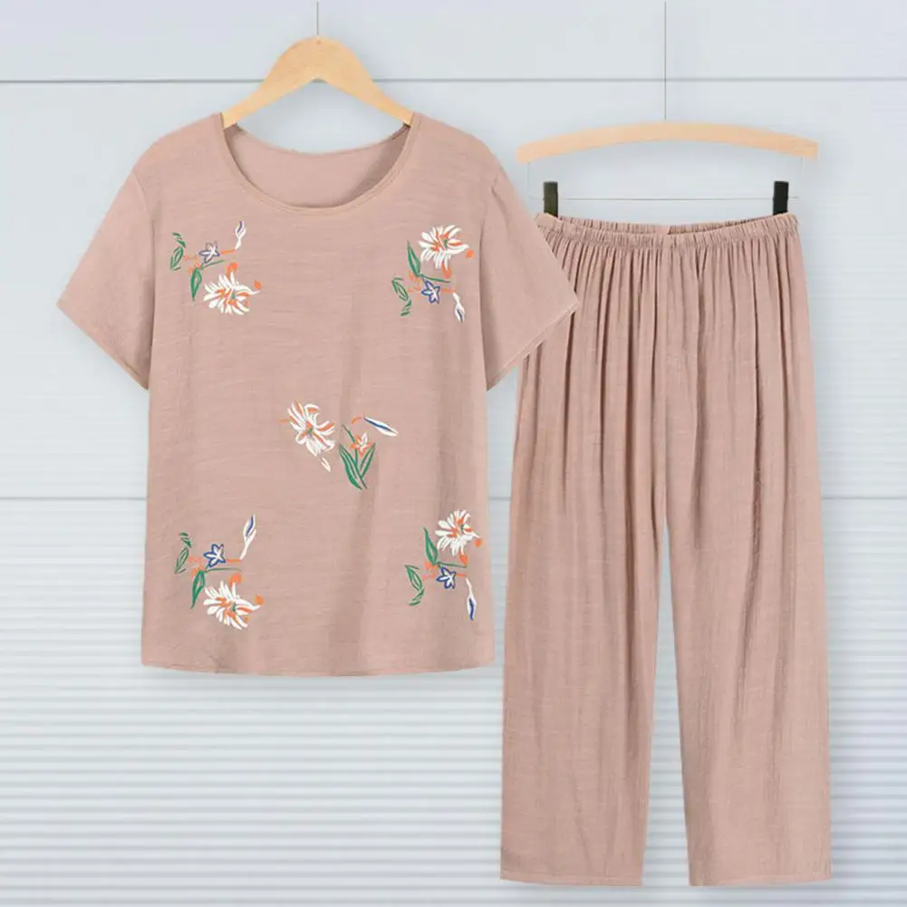 

2Pcs/Set Simple Women Outfit Super Soft Elastic Waist Casual Wear Top Pants Suit Grandma Home Apparel