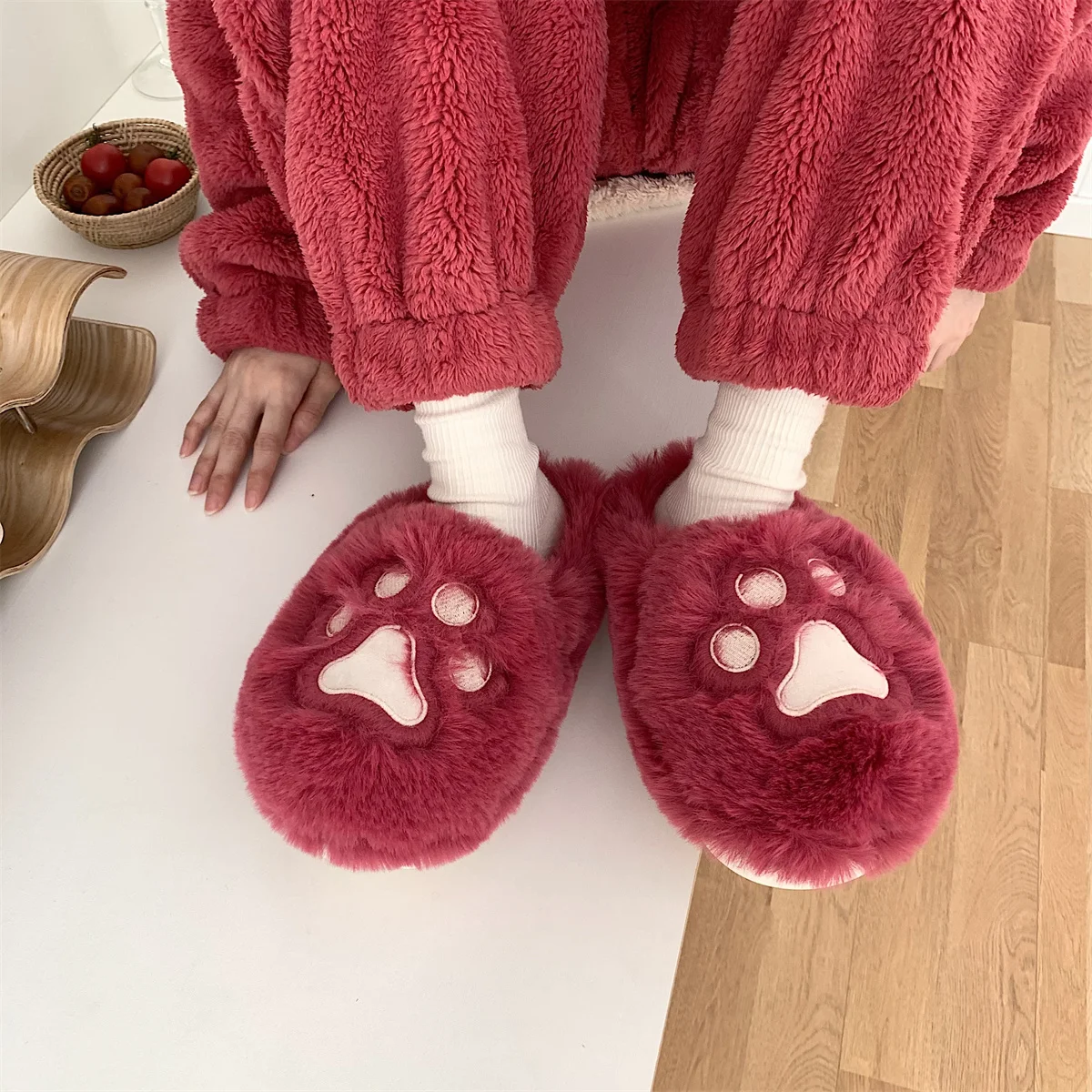 Women Home Slipper 2022 Winter Lovely Red Bear Paw Plush Cotton Slippers Women's Non Slip Thick Bottom Half Cover Heel Warm