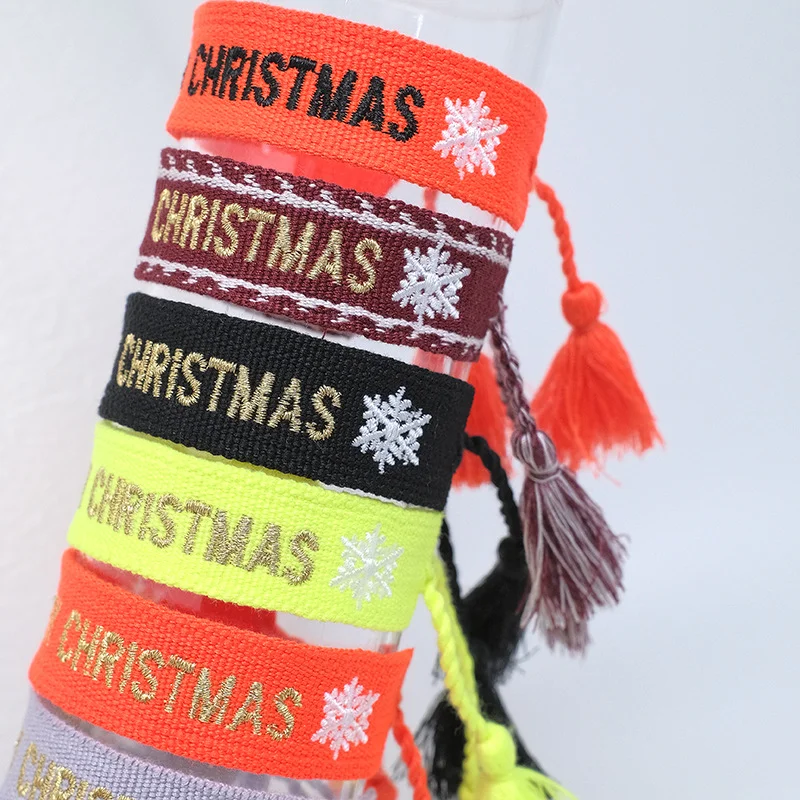 

Простой тканый браслет с вышивкой в виде букв снежинок на Рождество для пары, Регулируемый Женский браслет с кисточками на шнуровке, ювелирные изделия