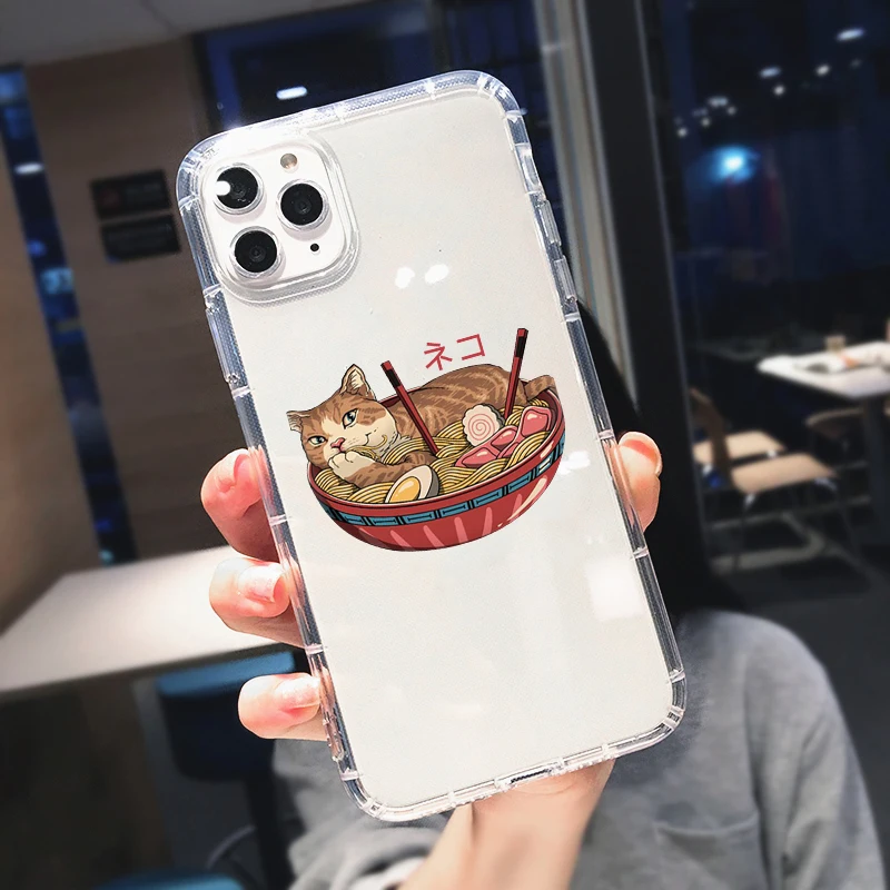Japan Anime Ramen Cat Great Wave Clear Phone Case For iPhone 11 Pro MAX 12 XS 7 XR 13 X 8 14 Plus Cute Soft Silicone Cover Coque