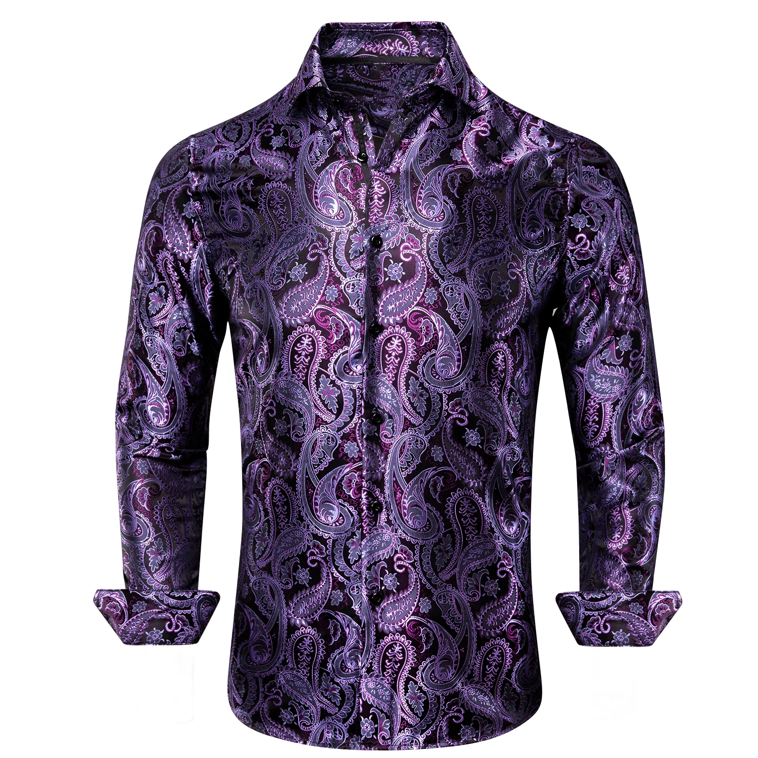 Hi-Tie Silk Mens Shirts Summer Beach 26 Colors Jacquard Slim Shirt Long Sleeve Casual Blouse Outerwear S to 3XL Red Blue Purple