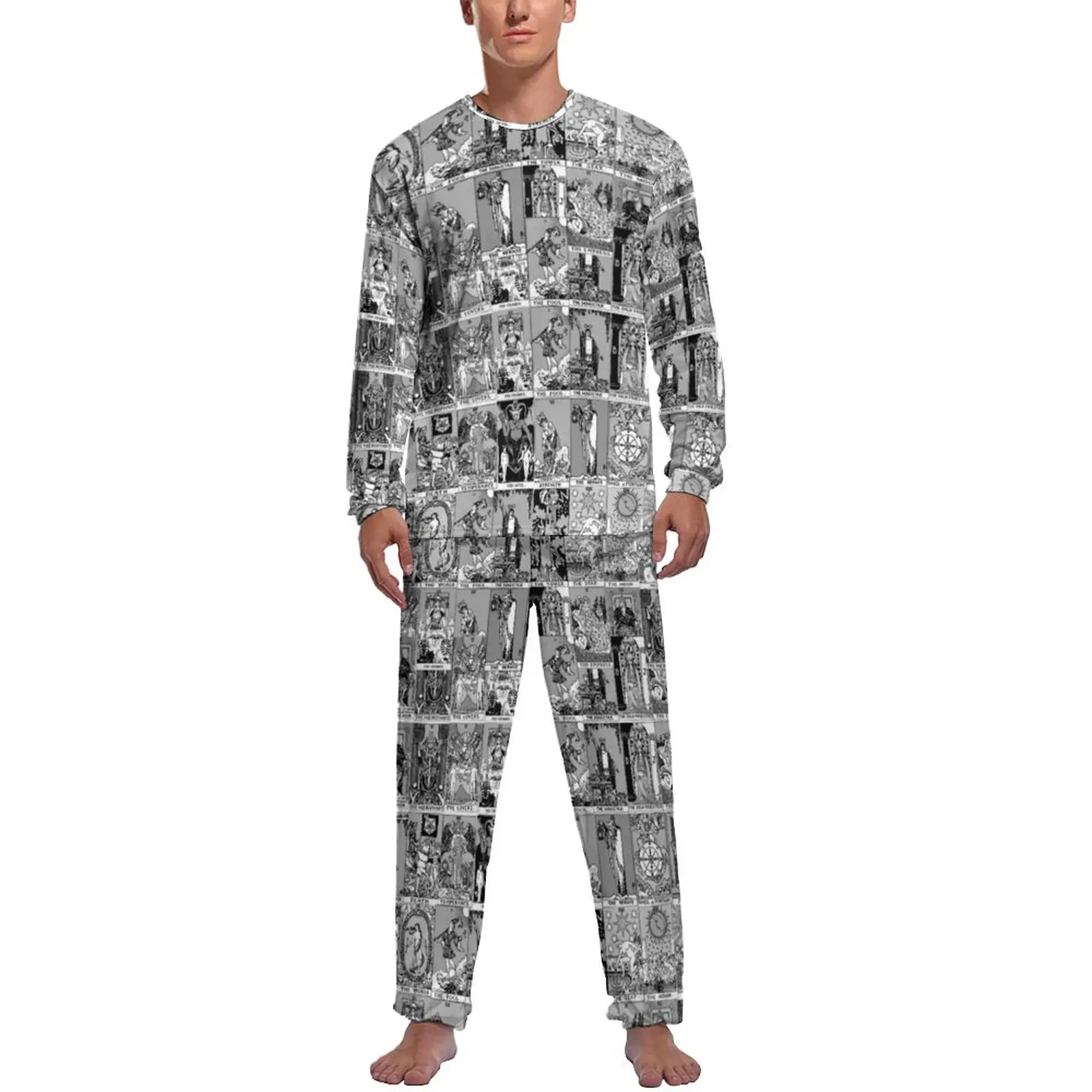 Grey Tarot Print Pajamas Major Arcana Men Long Sleeves Retro Pajamas Set 2 Piece Casual Daily Printed Nightwear Birthday Present
