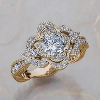 popular hollow out flower floral shaped ring inlaid shiny rhinestone zircon gold silver plated womens fashion jewelry