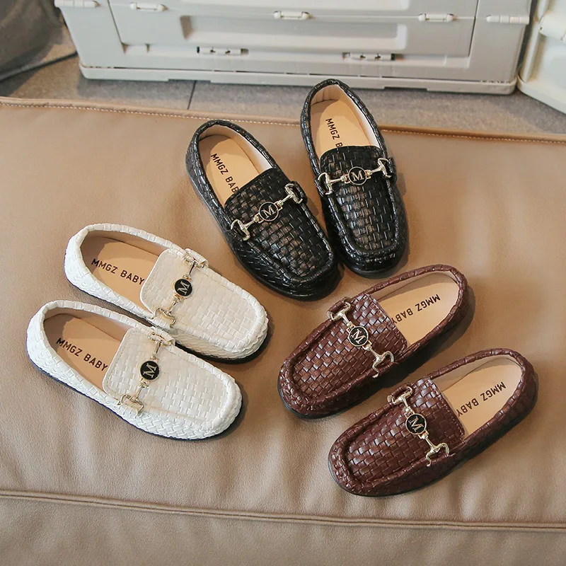

Kids Flat Shoes Boys Loafers Weave Metal Three Colors Slip-on Elegant Children Leather Shoes Metal Decor Gentry Fashion Flexible