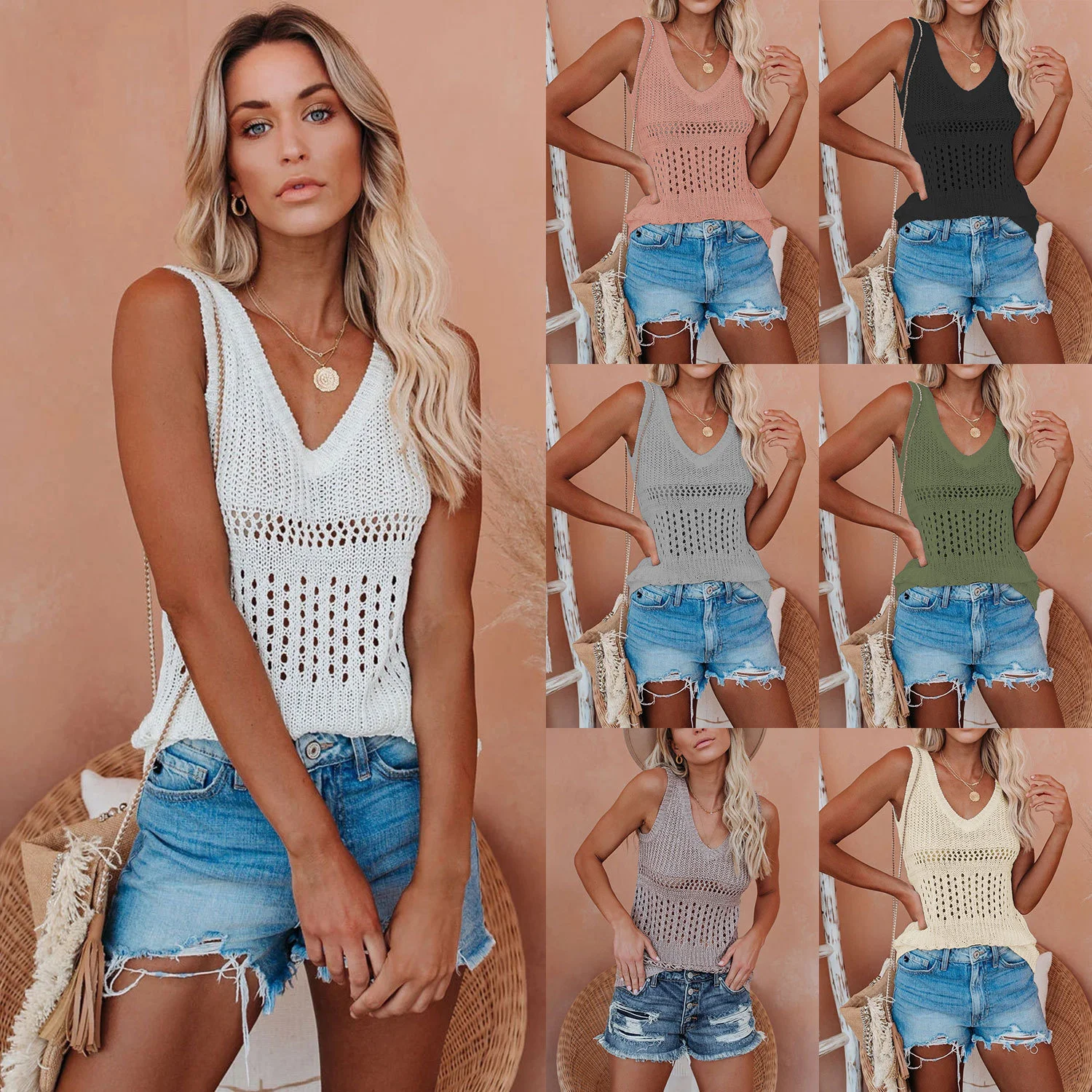 

2023 Summer New Fashion V-Neck Tank Top with Hollow Ice Silk Strap Knit Shirt for Women
