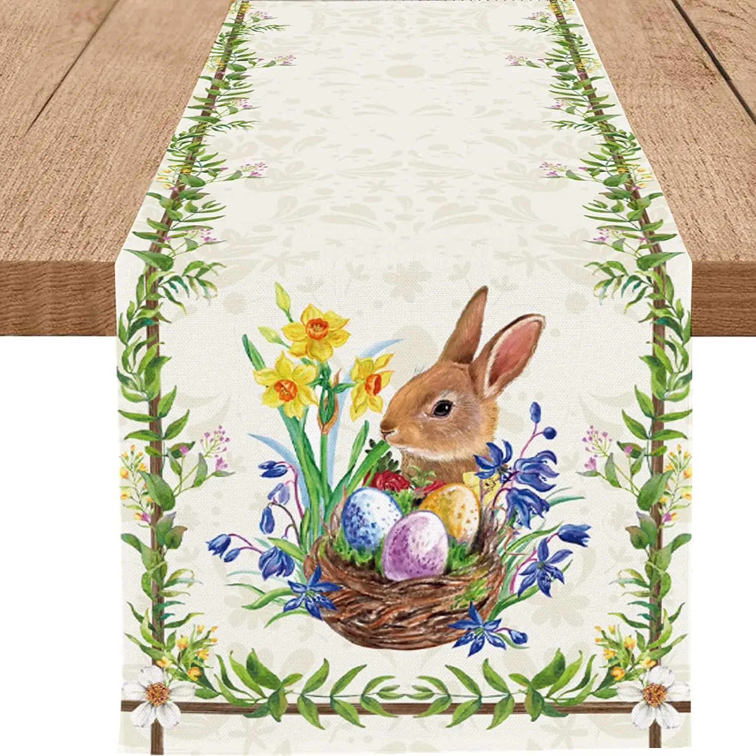 Easter Cute Rabbit Colour PrintingTable Runner Burlap Wild Flowers Bunny Eggs Tablecloth Spring Kitchen Dining Table Decor